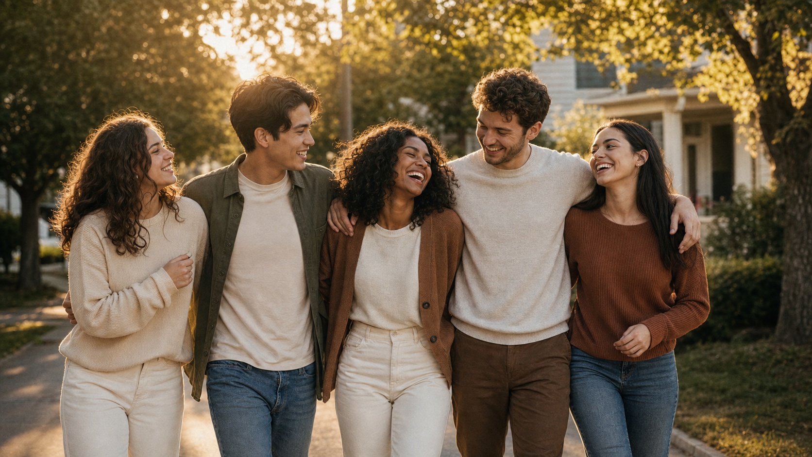 Group of friends walking outdoors with arms over shoulders