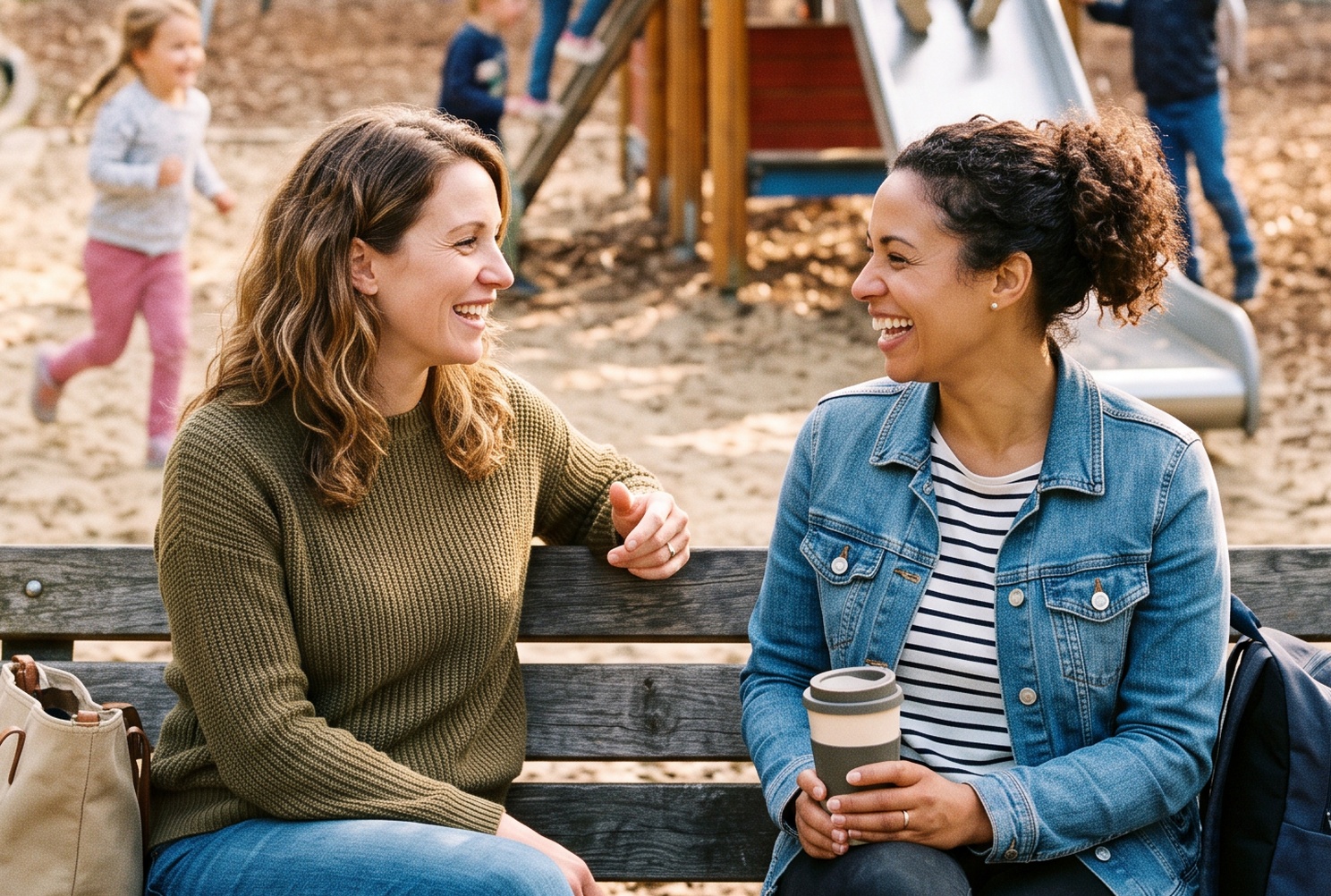 Two neighbors chatting on a park bench